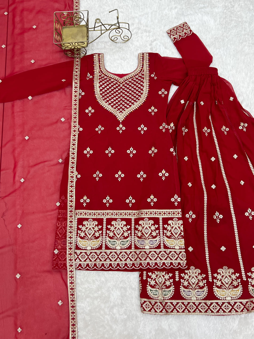 Evanik Red Faux Georgette Embroidery Dori, Sequence And Thread Work Kurta Palazzo With Dupatta