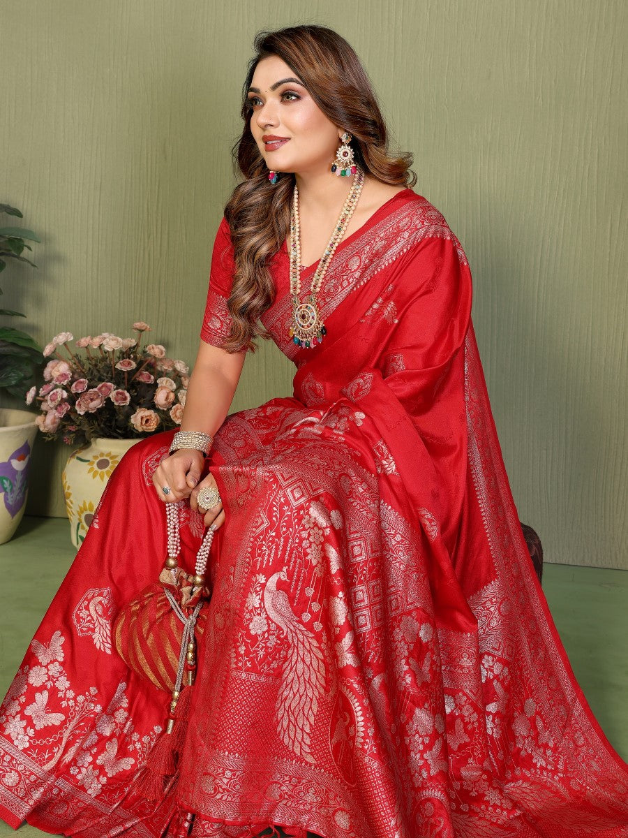 Anaita Red Zari Butta Work Satin Silk Saree With Blouse
