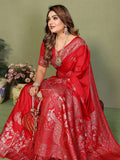 Anaita Red Zari Butta Work Satin Silk Saree With Blouse
