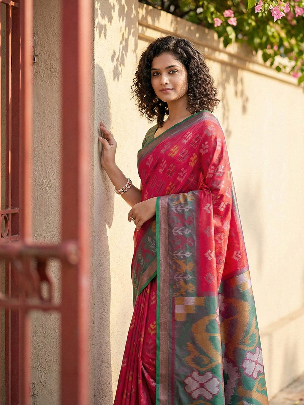 Anaita Red Pochampally Printed Saree With Blouse