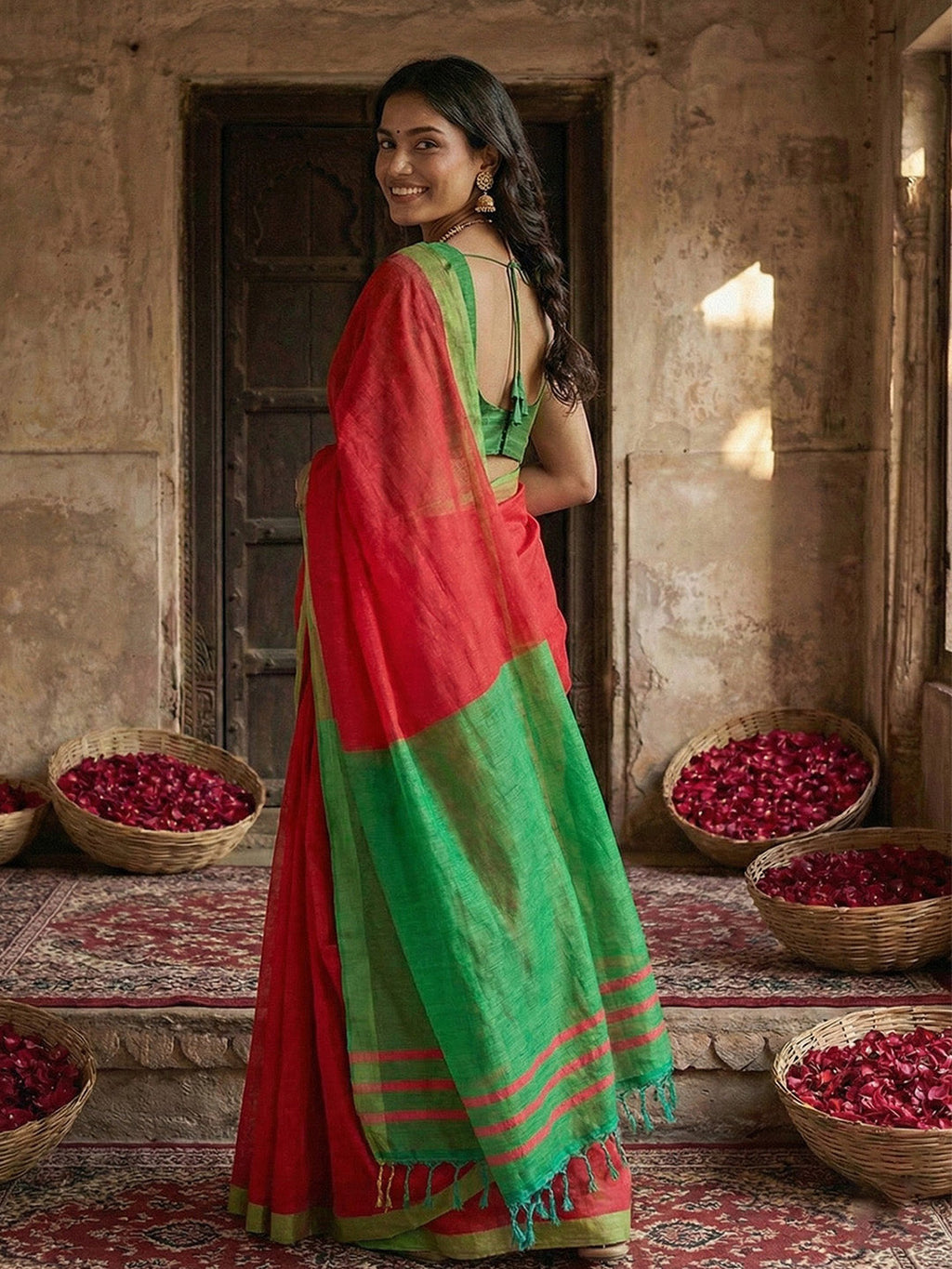 Anaita Red Cotton Printed Saree With Blouse