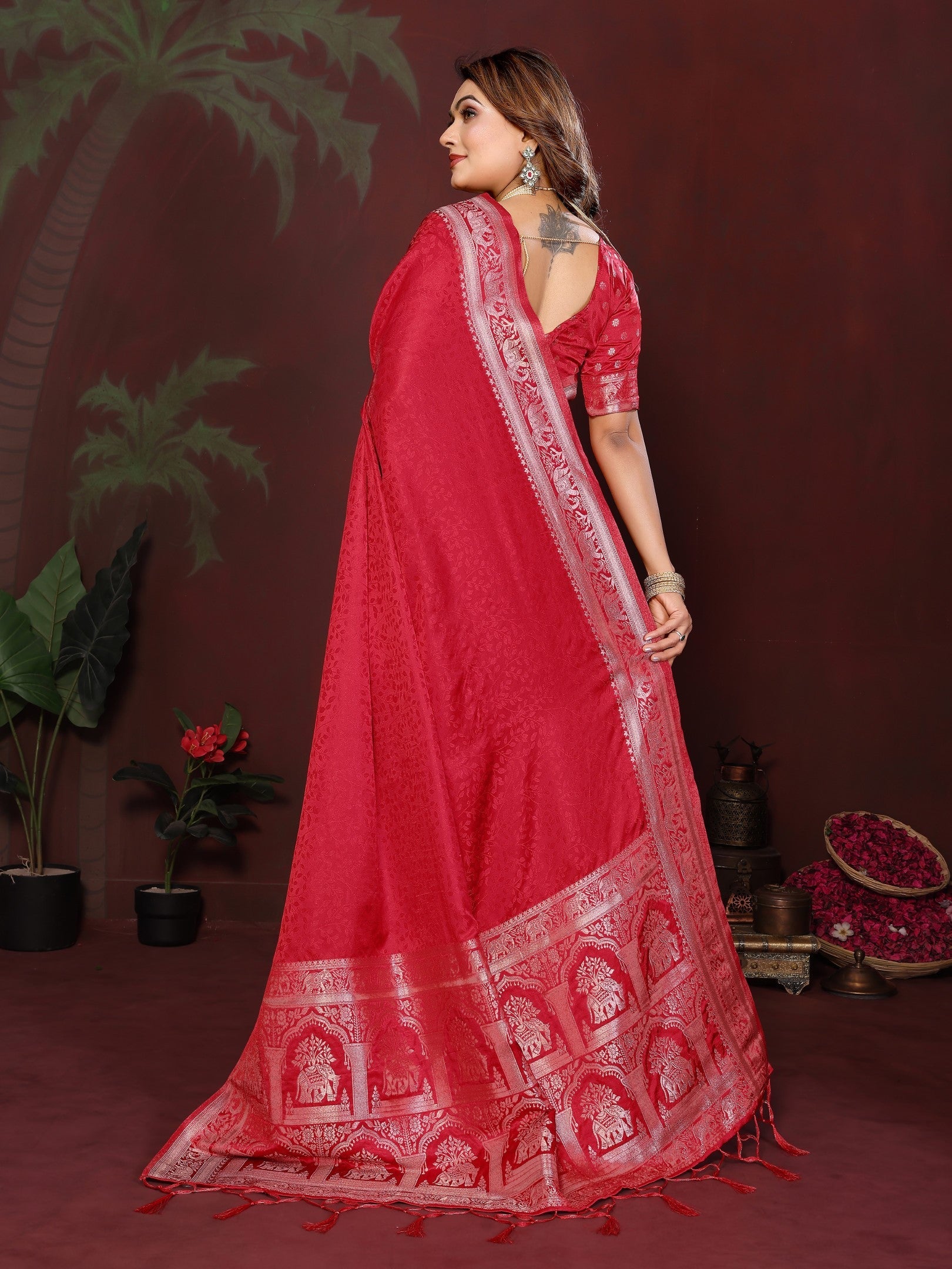 Anaita Red Zari Weaving Work Satin Silk Saree With Blouse