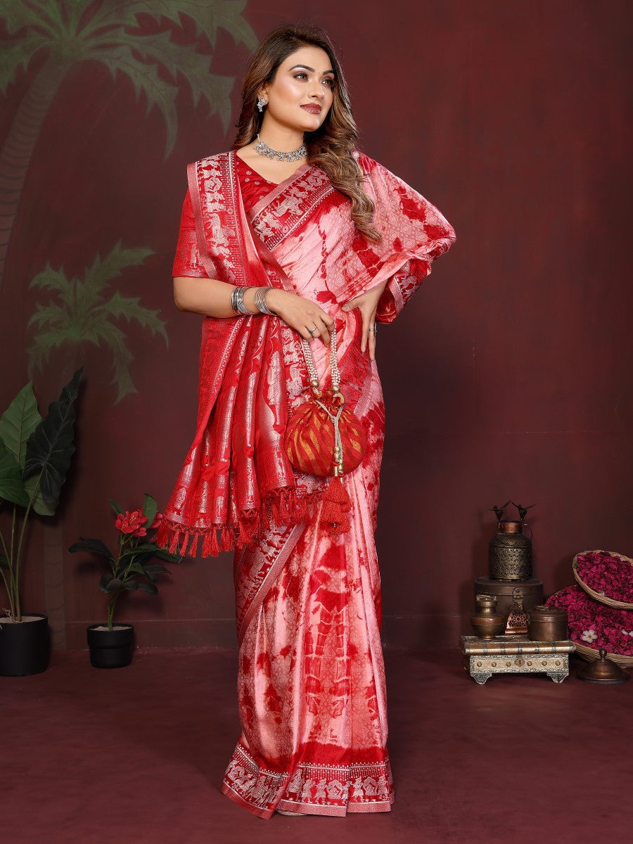 Anaita Red Zari Weaving Work Satin Silk Saree With Blouse