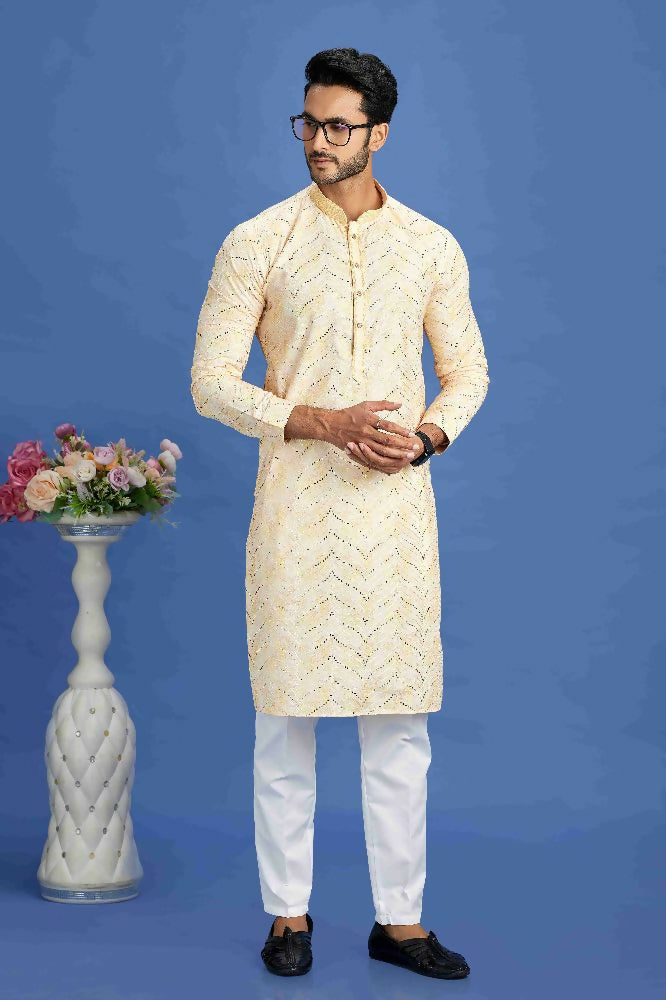 Raivat Ethnic Cotton Embroidery Kurta Pajama In Yellow Colour