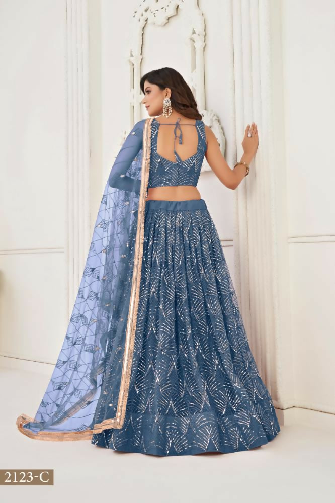 Aastha Fashion More Peach Butterfly Net Tone To Tone Thread Work, Sequence Work And Original Mirror Work Embroidery Wedding Wear Lehenga Choli