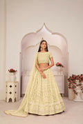 Aastha Fashion Lemon Yellow Butterfly Net White Cotton Thread Work, Zari Work And Sandwich Sequence Work Embroidery Wedding Wear Lehenga Choli