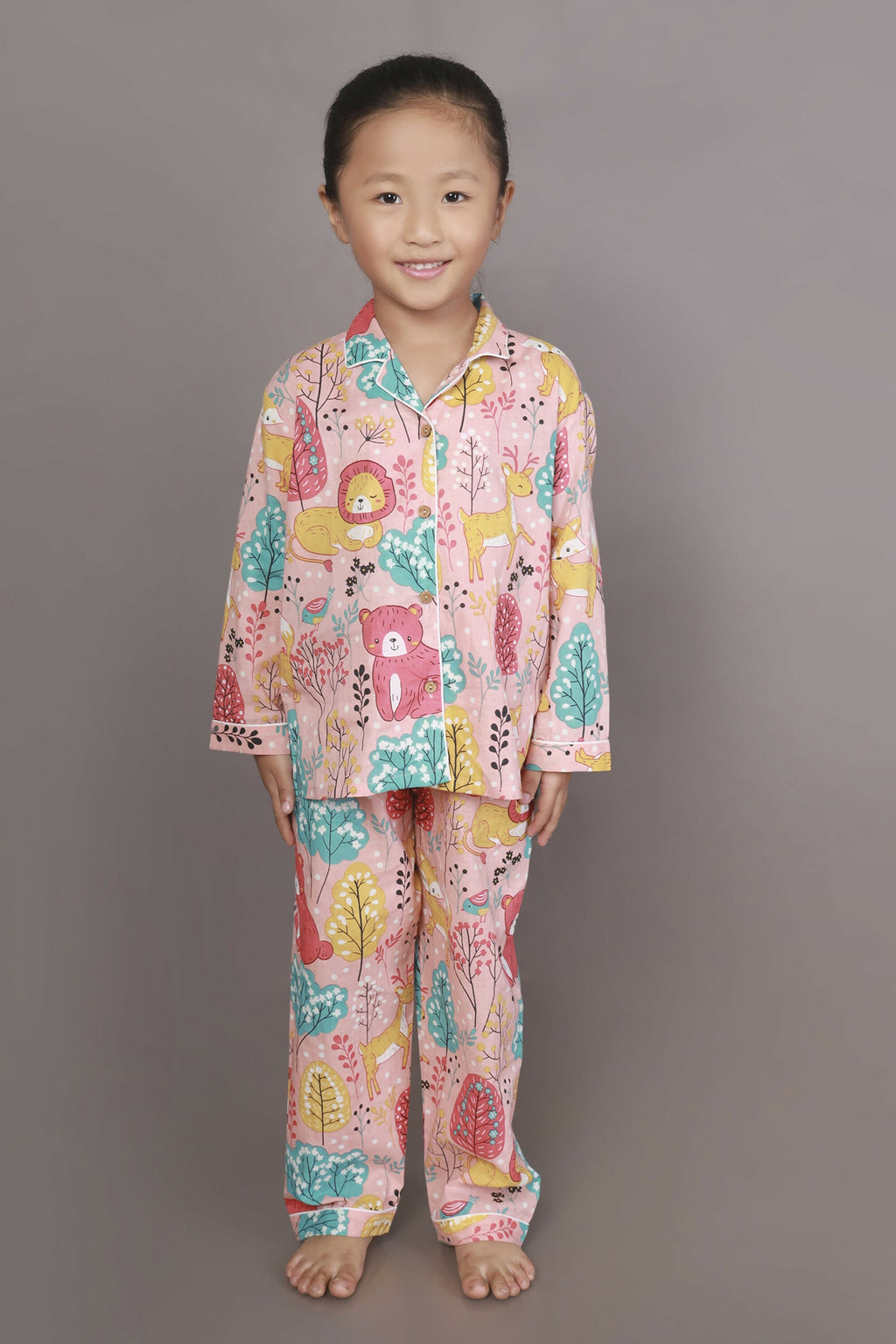 Breathables Kids Cotton Night Suit – Peach Lion & Teddy Shirt & Pyjama Co-Ord Set For Boys & Girls