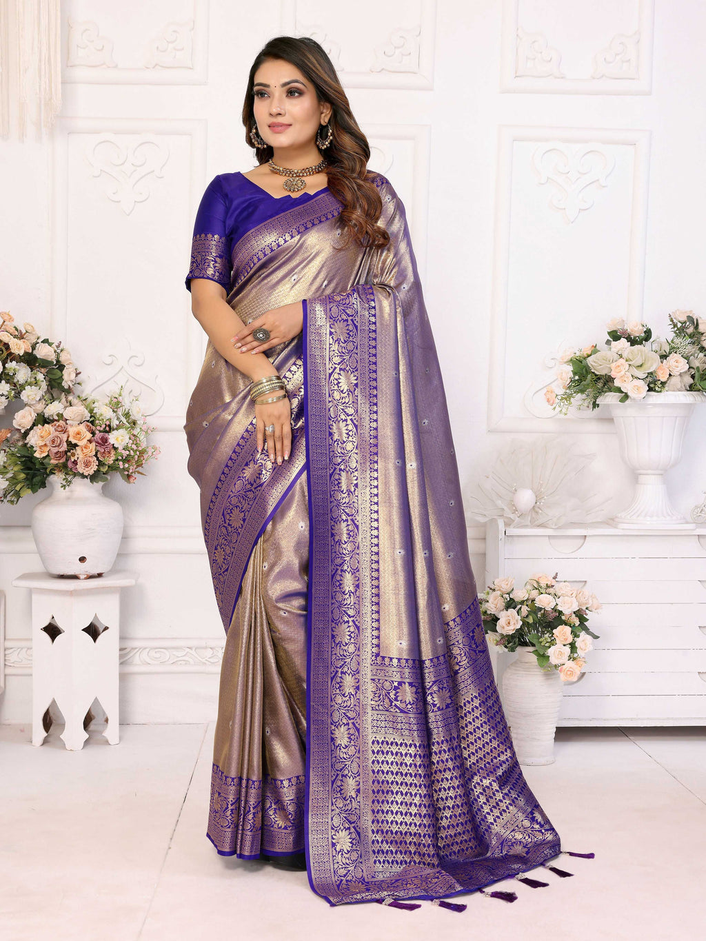 Aastha Fashion Royal Blue Tissue Silk Weaving Saree