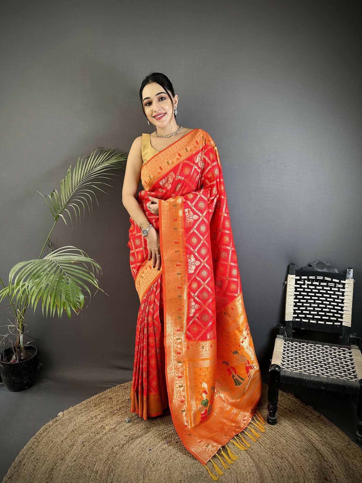 Joban Fashion Red Geometric Pattern Soft Silk Patola Saree