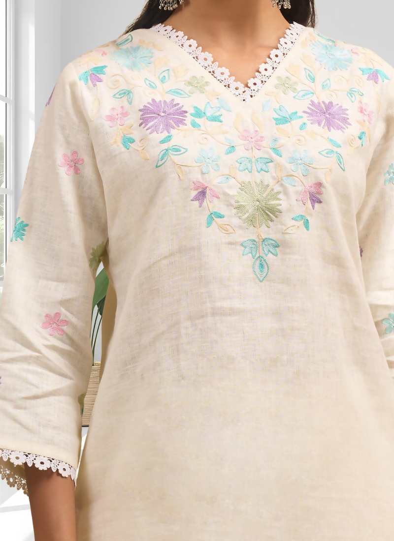 Joban Fashion Cream Linen Embroidered Readymade Cord Set