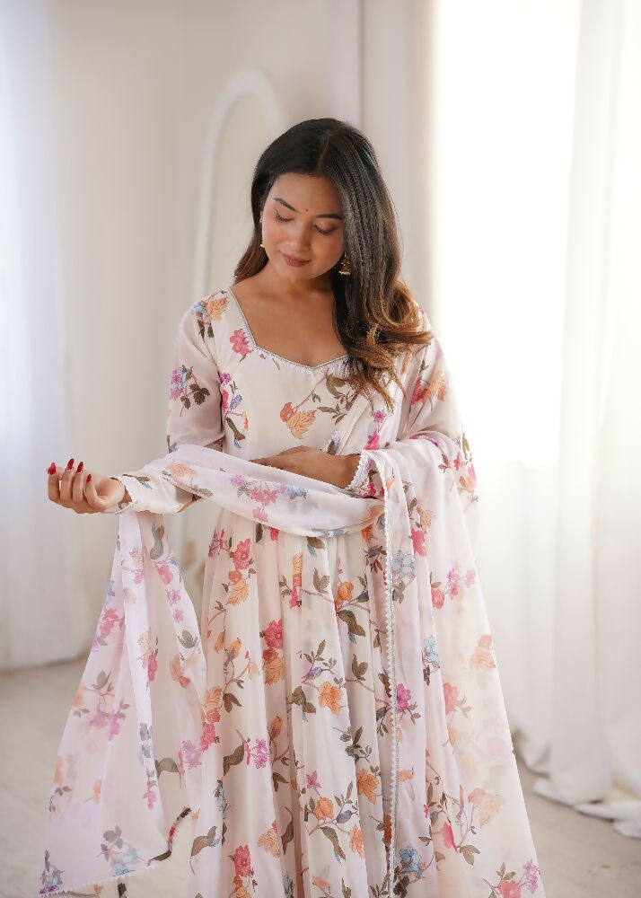 Teeya Creation Cream Faux Georgette Digital Print Party Wear Long Gown