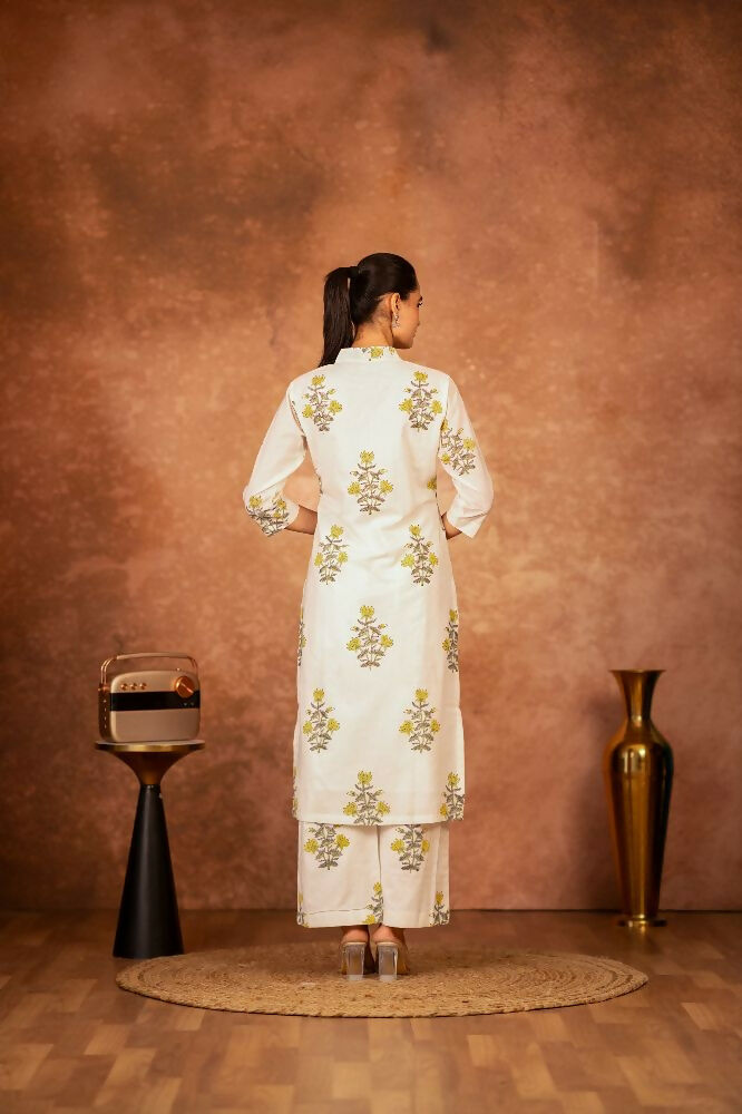 Joban Fashion Off White Yellow Hand Block Printed Cotton Suit Set