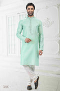 Raivat Ethnic Linen Cotton Thread Work Kurta Pajama In Pista Green Colour