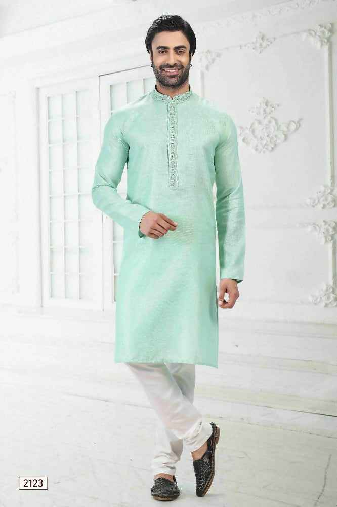 Raivat Ethnic Linen Cotton Thread Work Kurta Pajama In Pista Green Colour
