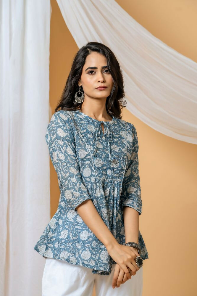 Joban Fashion Blue Floral Hand Block Printed Cotton Co-Ord Set