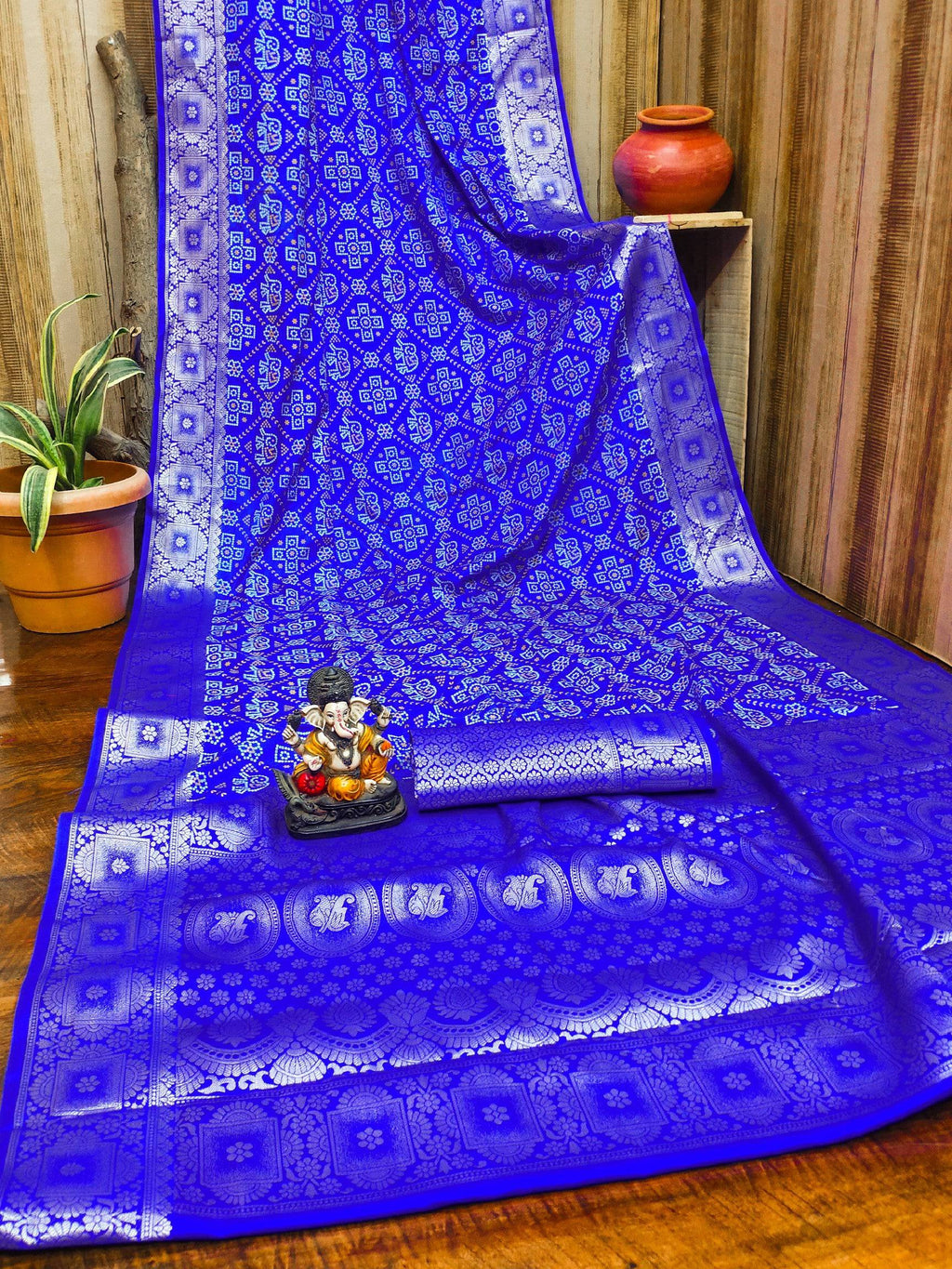 Anaita Blue Soft Satin Silk Bandhej Print Saree With Kanchi Zari Weaving Border