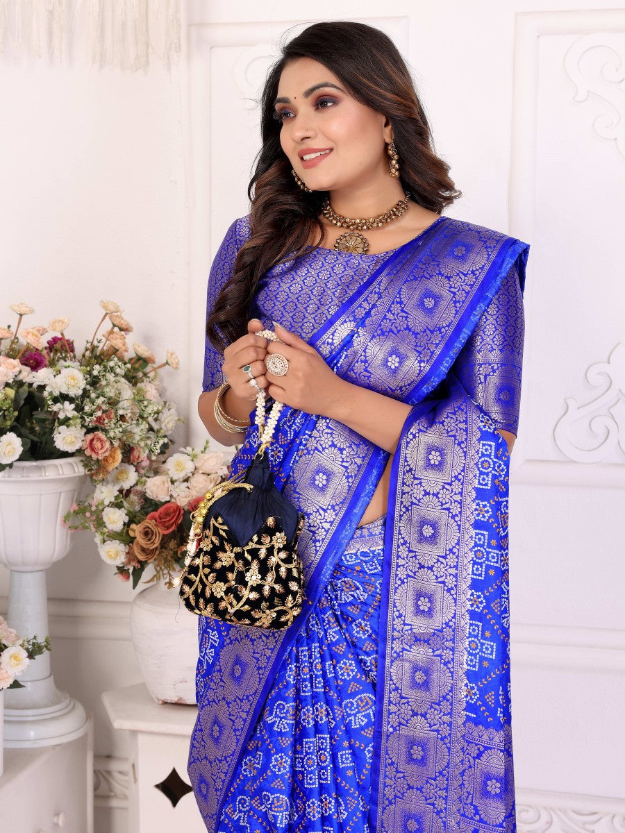 Anaita Blue Soft Satin Silk Bandhej Print Saree With Kanchi Zari Weaving Border