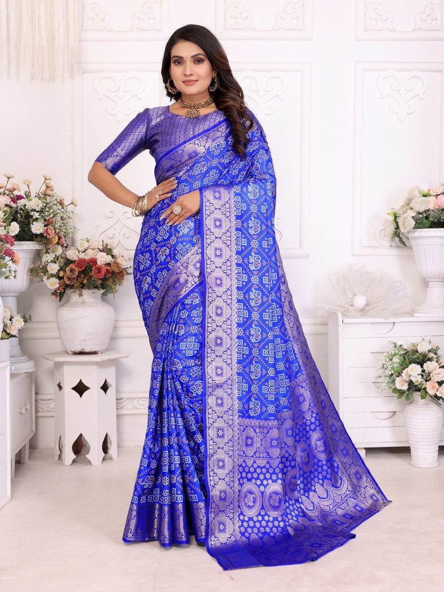 Anaita Blue Soft Satin Silk Bandhej Print Saree With Kanchi Zari Weaving Border
