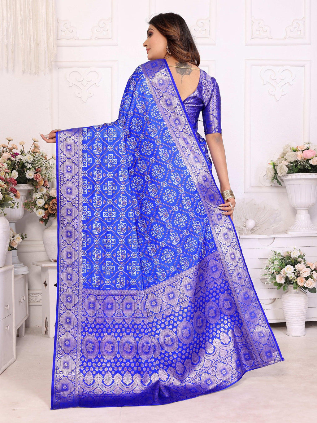 Anaita Blue Soft Satin Silk Bandhej Print Saree With Kanchi Zari Weaving Border