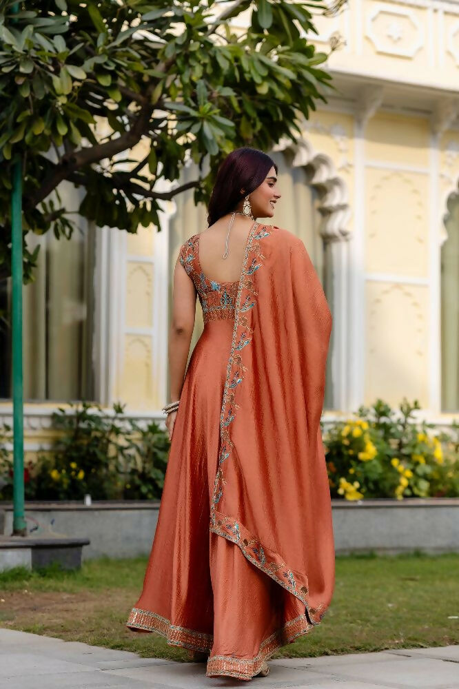 Teeya Creation Orange Color Vichitra Silk Designer Party Wear long Gown