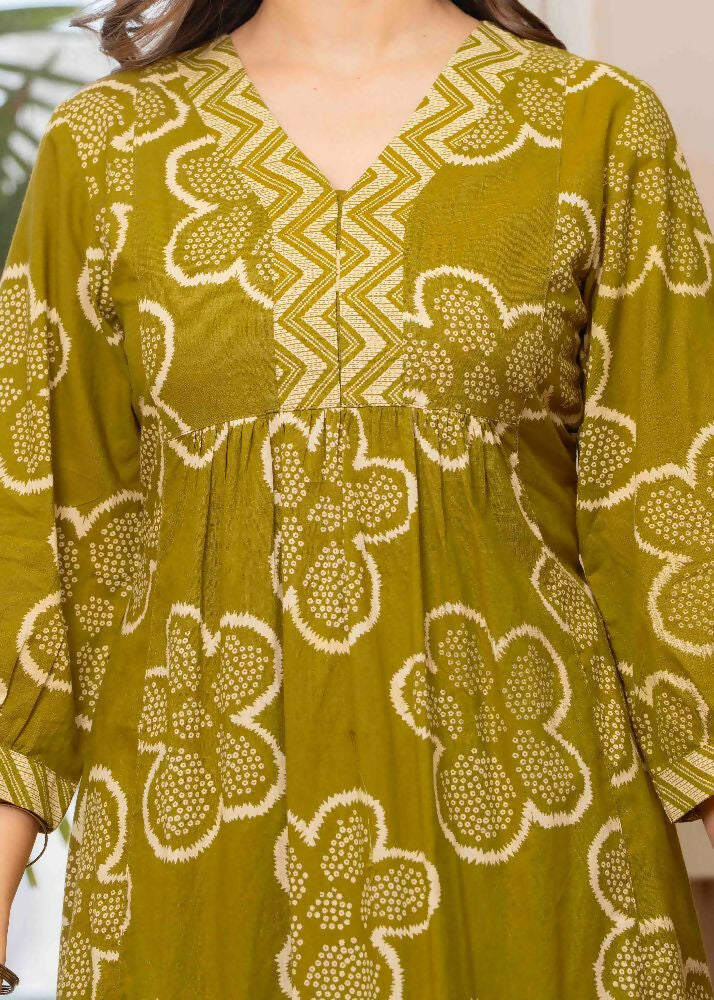 Jaimini Women Cotton Printed V-Neck 3/4 Sleeves Calf Length Flared Kurta Pant And Dupatta Set