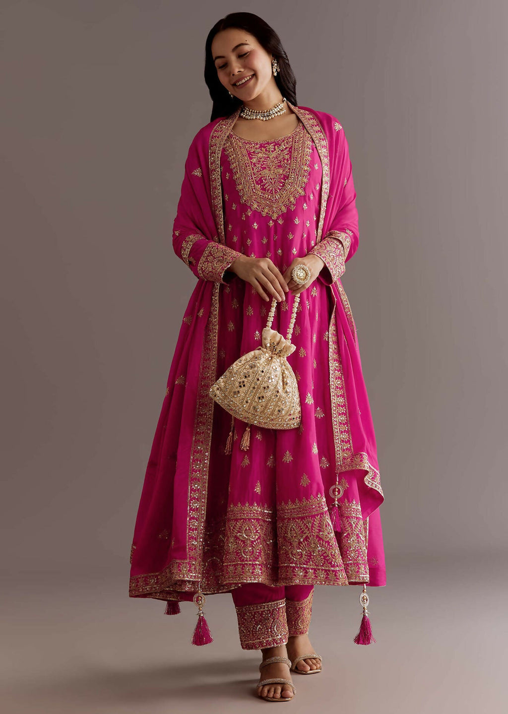 Teeya Creation Pink Color Chinnon Silk Embroidery Work Gown
