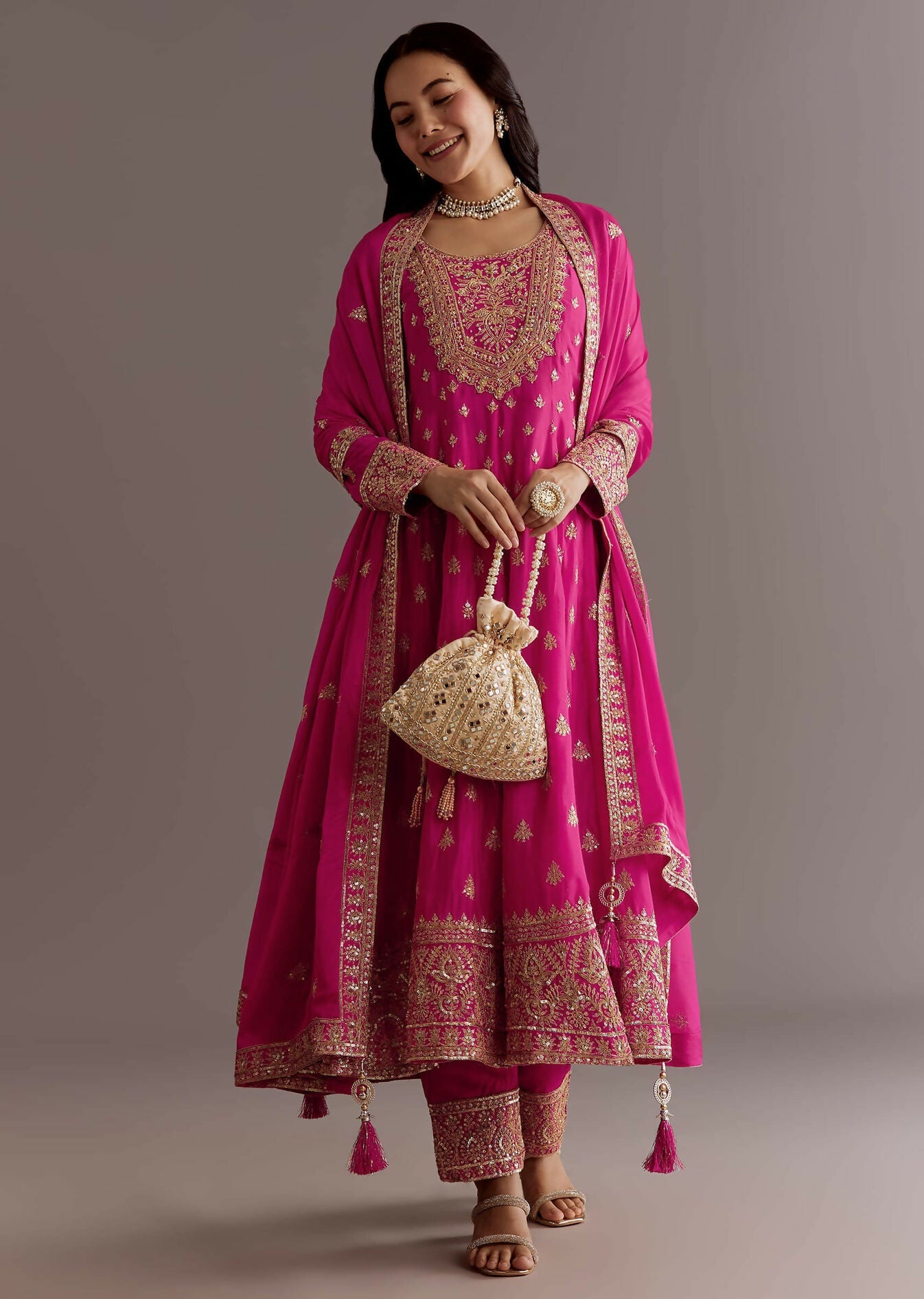 Teeya Creation Pink Color Chinnon Silk Embroidery Work Gown