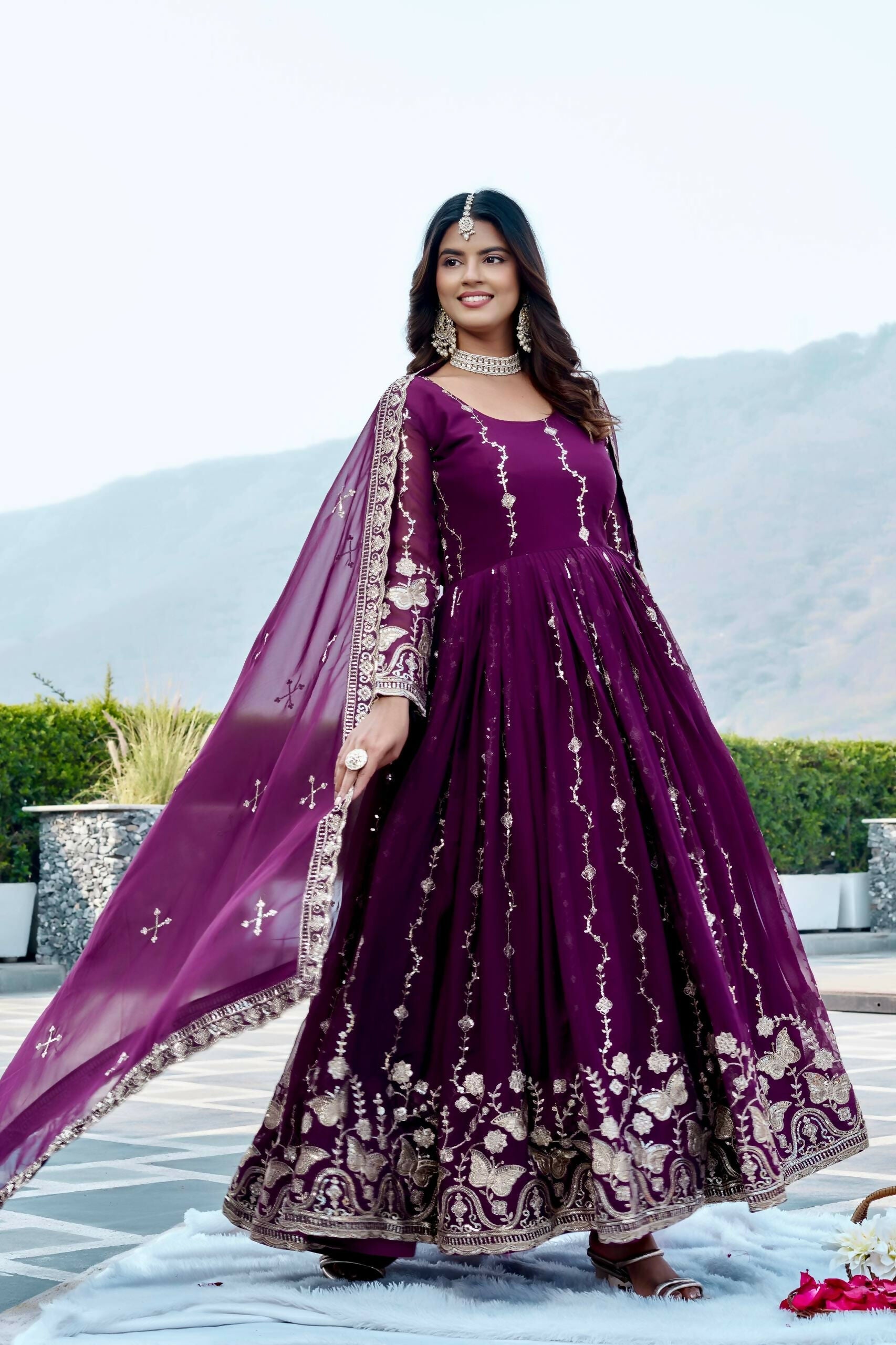 Teeya Creation Womens New Trendy Heavy Cording Sequence & Beads Embroidery Work Purple Gown Set