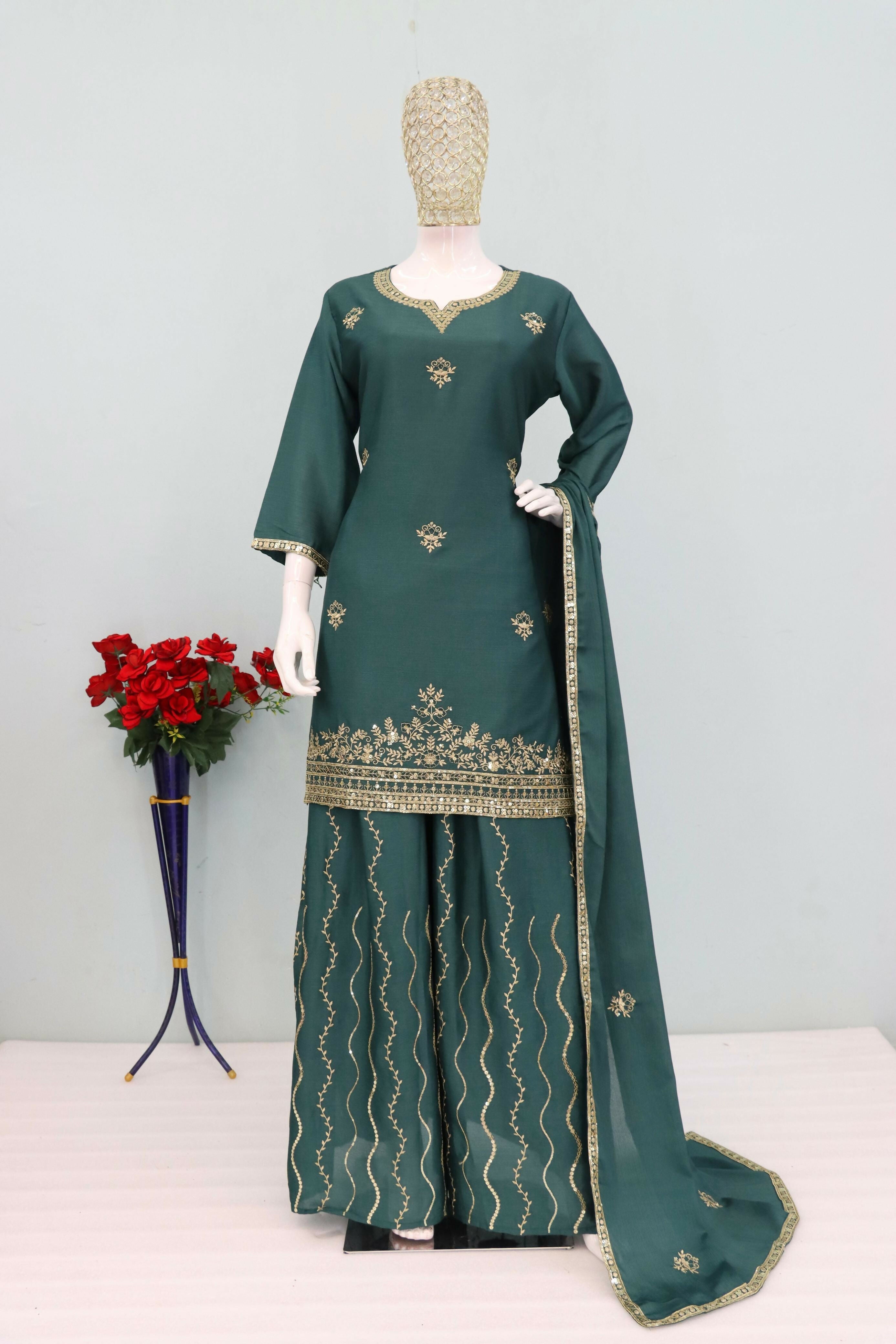 Teeya Creation Teal Color Chinon Silk Heavy Embroidery Work Party Wear Palazzo Set
