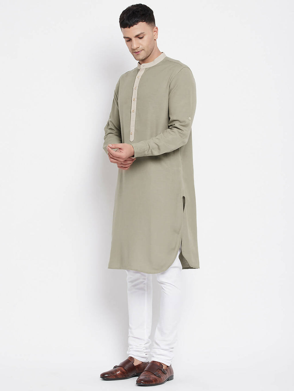 Even Apparels Green Pure Cotton Men's Kurta With Contrast Collar And Placket