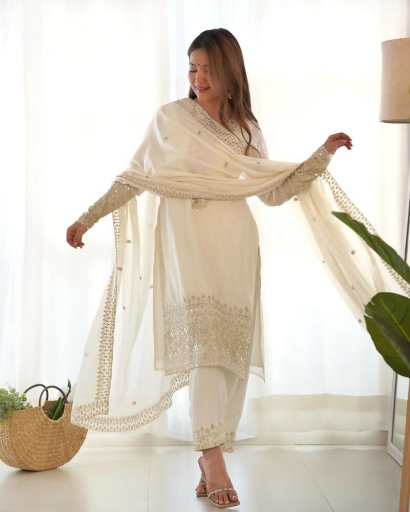 Lehenga Mart Designer Salwar Suit With Kurta, Pant, Dupatta For Women-White
