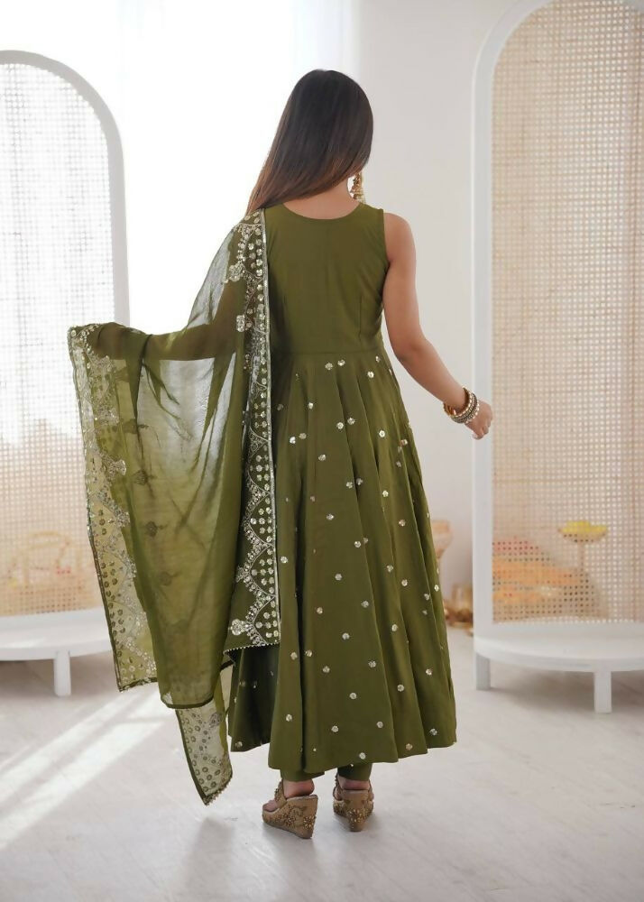 Teeya Creation Green Color Roman Silk Embroidery Work Party Wear Gown