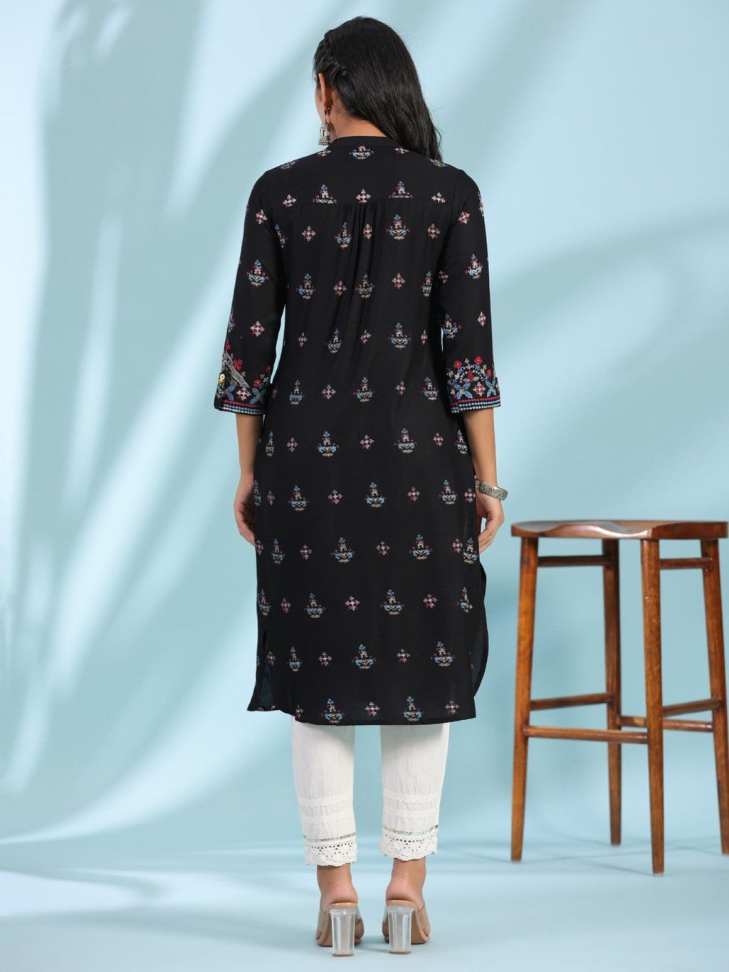 Juniper Black Ethnic Motif Printed Rayon Calf Length Straight Kurta With Kaudis Kantha Work & Sequins