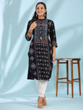 Juniper Black Ethnic Motif Printed Rayon Calf Length Straight Kurta With Kaudis Kantha Work & Sequins