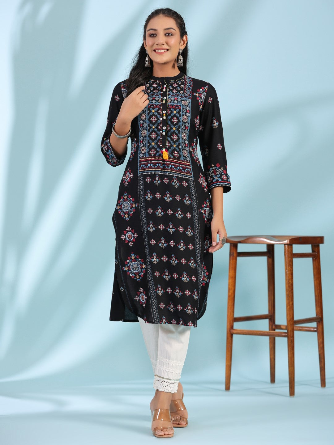Juniper Black Ethnic Motif Printed Rayon Calf Length Straight Kurta With Kaudis Kantha Work & Sequins