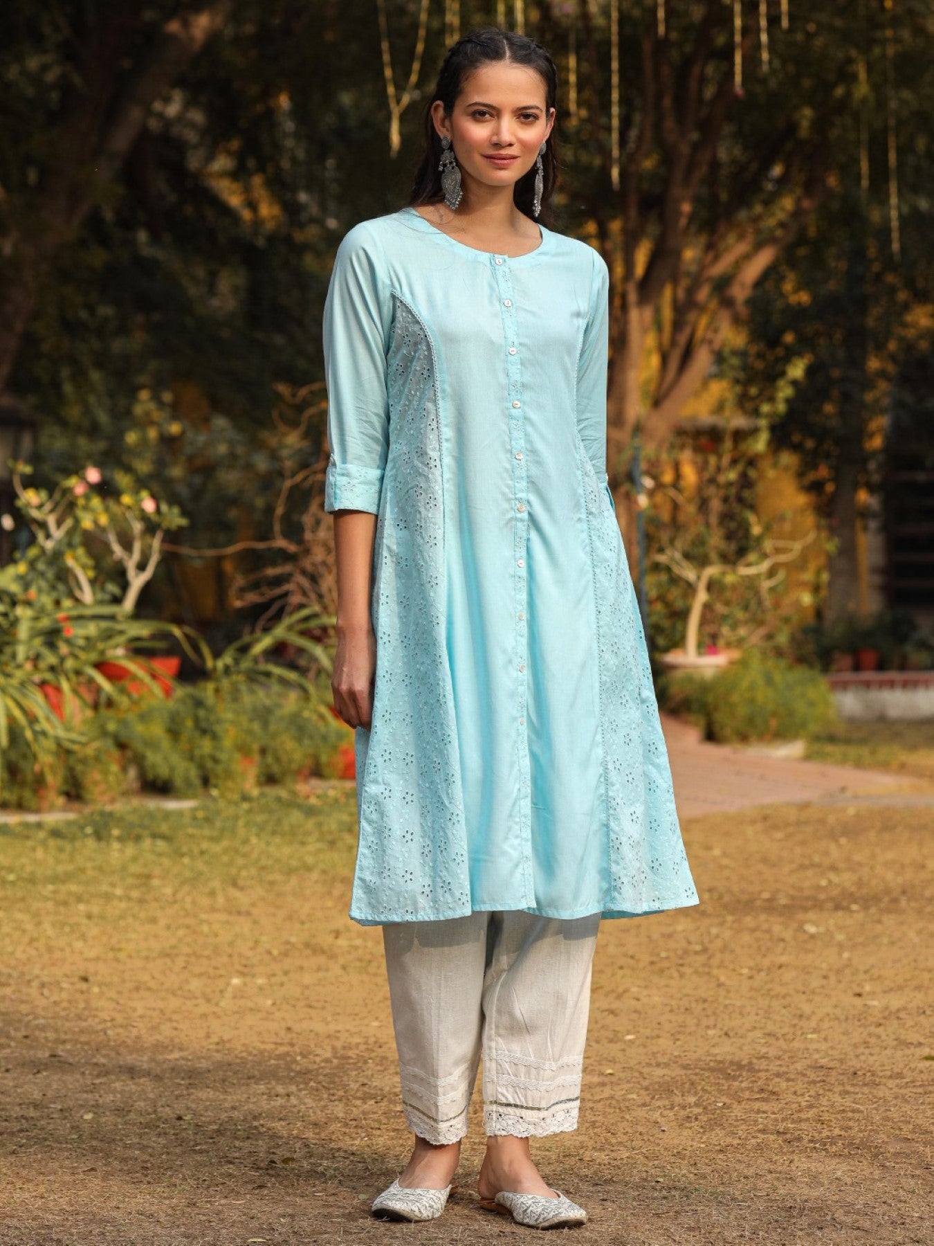 Juniper Powder Blue Solid A-Line Schiffli Kurta