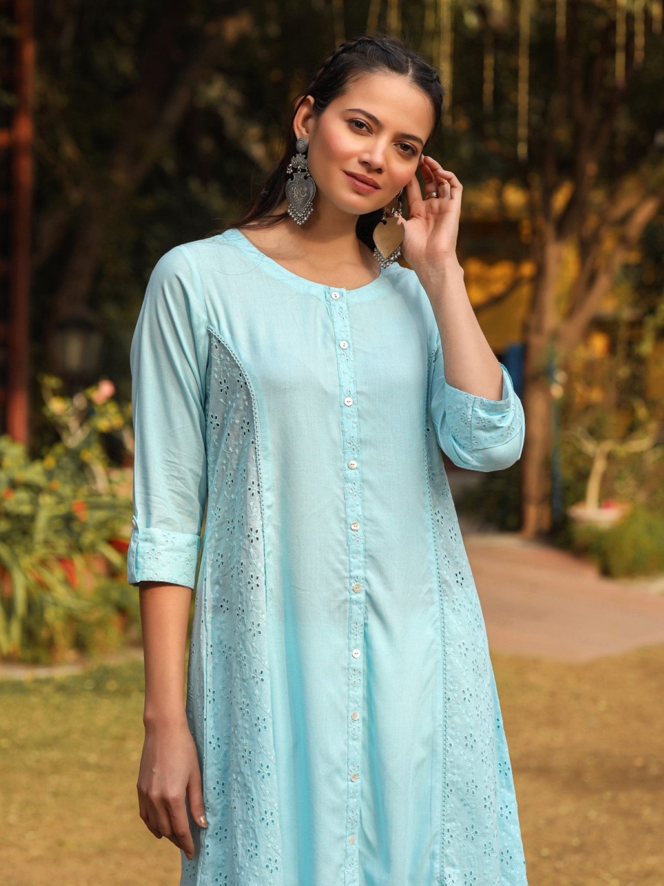 Juniper Powder Blue Solid A-Line Schiffli Kurta