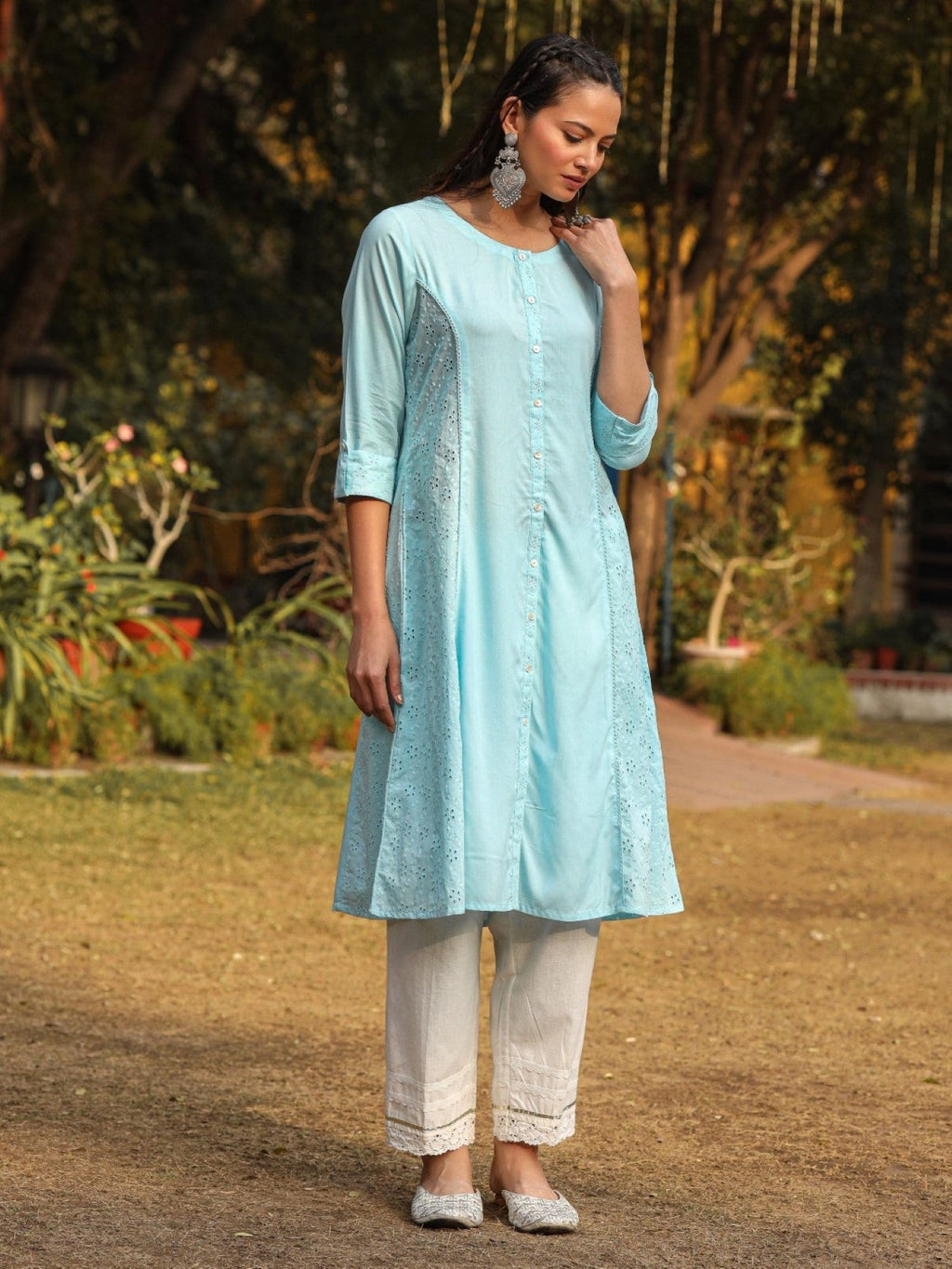 Juniper Powder Blue Solid A-Line Schiffli Kurta