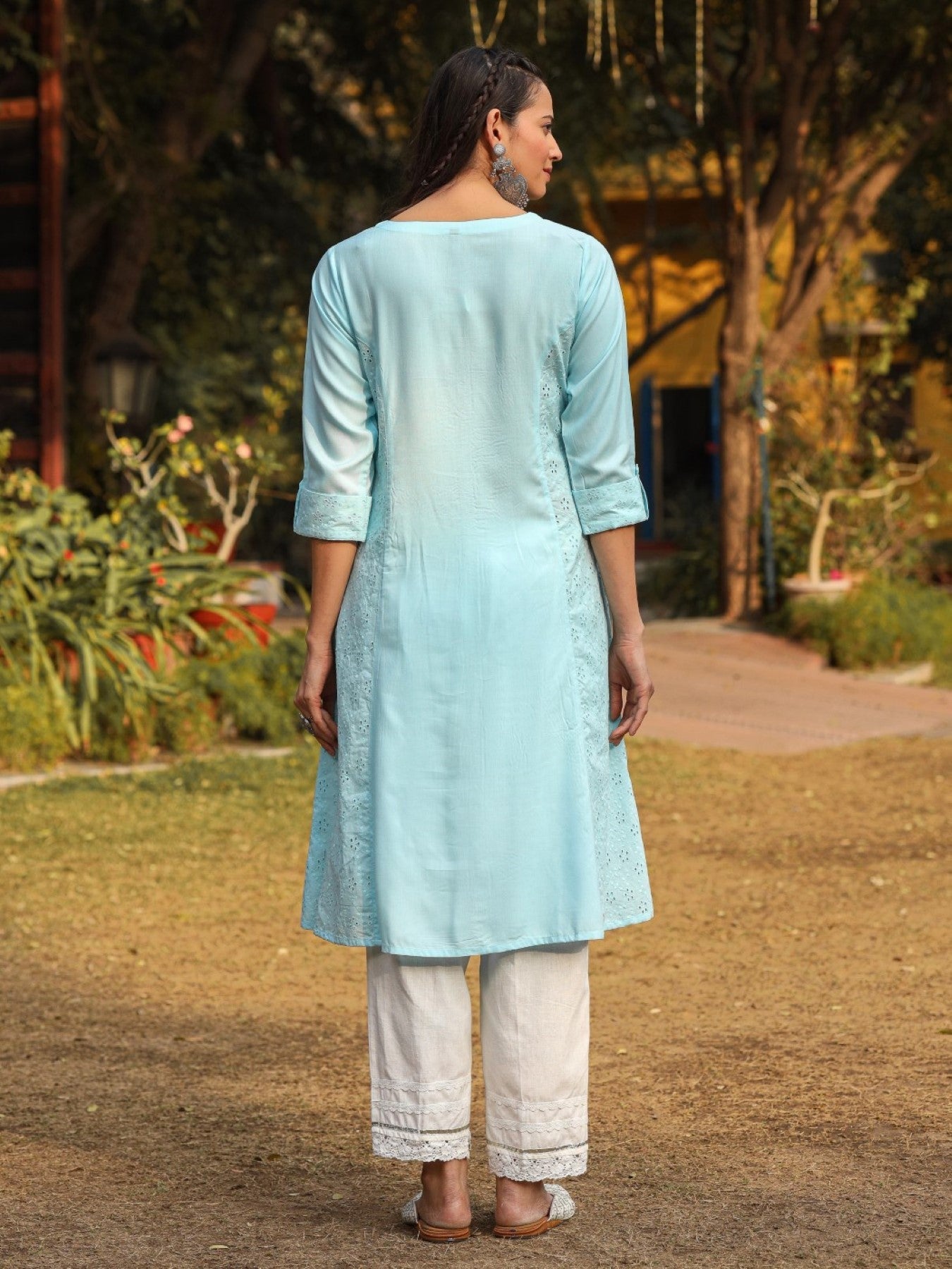 Juniper Powder Blue Solid A-Line Schiffli Kurta