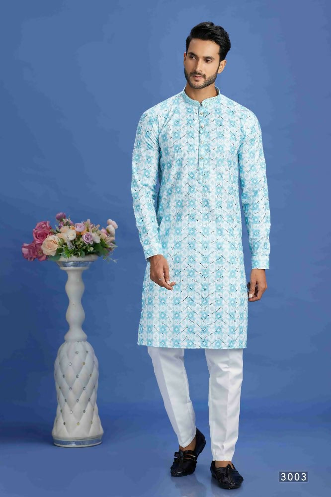 Raivat Ethnic Cotton Embroidery Kurta Pajama In Sky Blue Colour