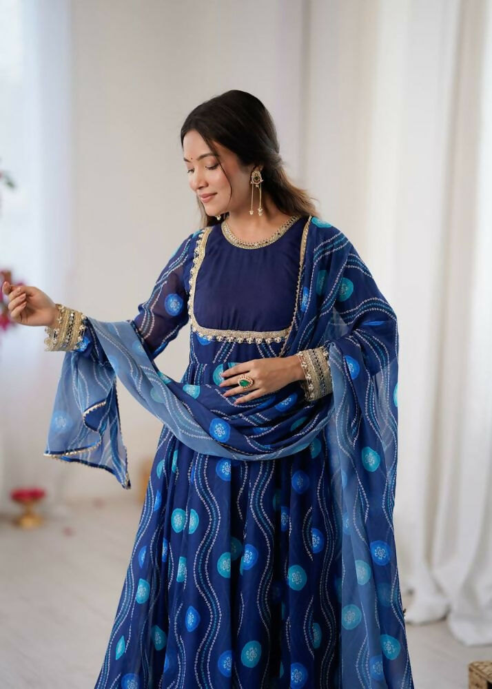 Teeya Creation Blue Faux Georgette Party Wear Digital Print Long Gown