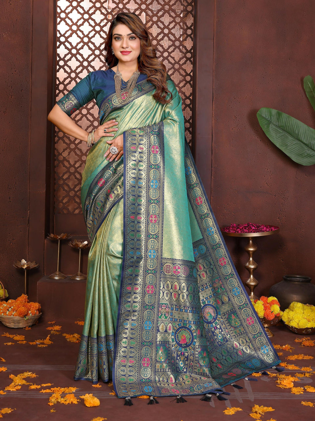 Aastha Fashion Sea Green Tissue Silk Weaving Saree