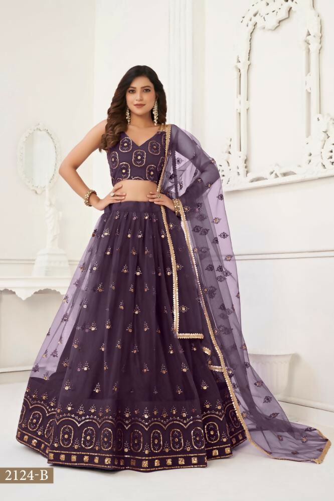 Aastha Fashion Dusty Wine Butterfly Net Tone To Tone Thread Work And Sandwich Sequence Work Embroidery Wedding Wear Lehenga Choli