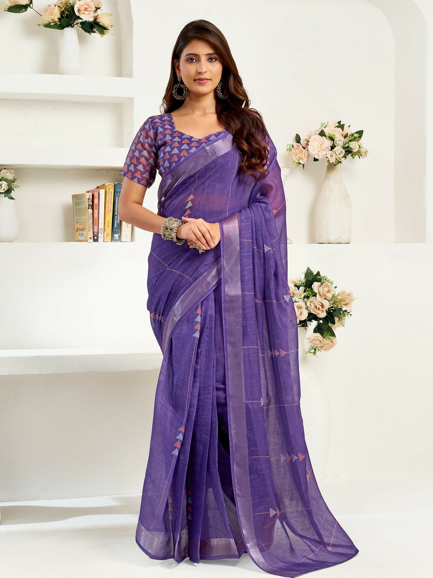 Joban Fashion Purple Geomatric Linen Ready To Wear Saree With Unstitched Blouse