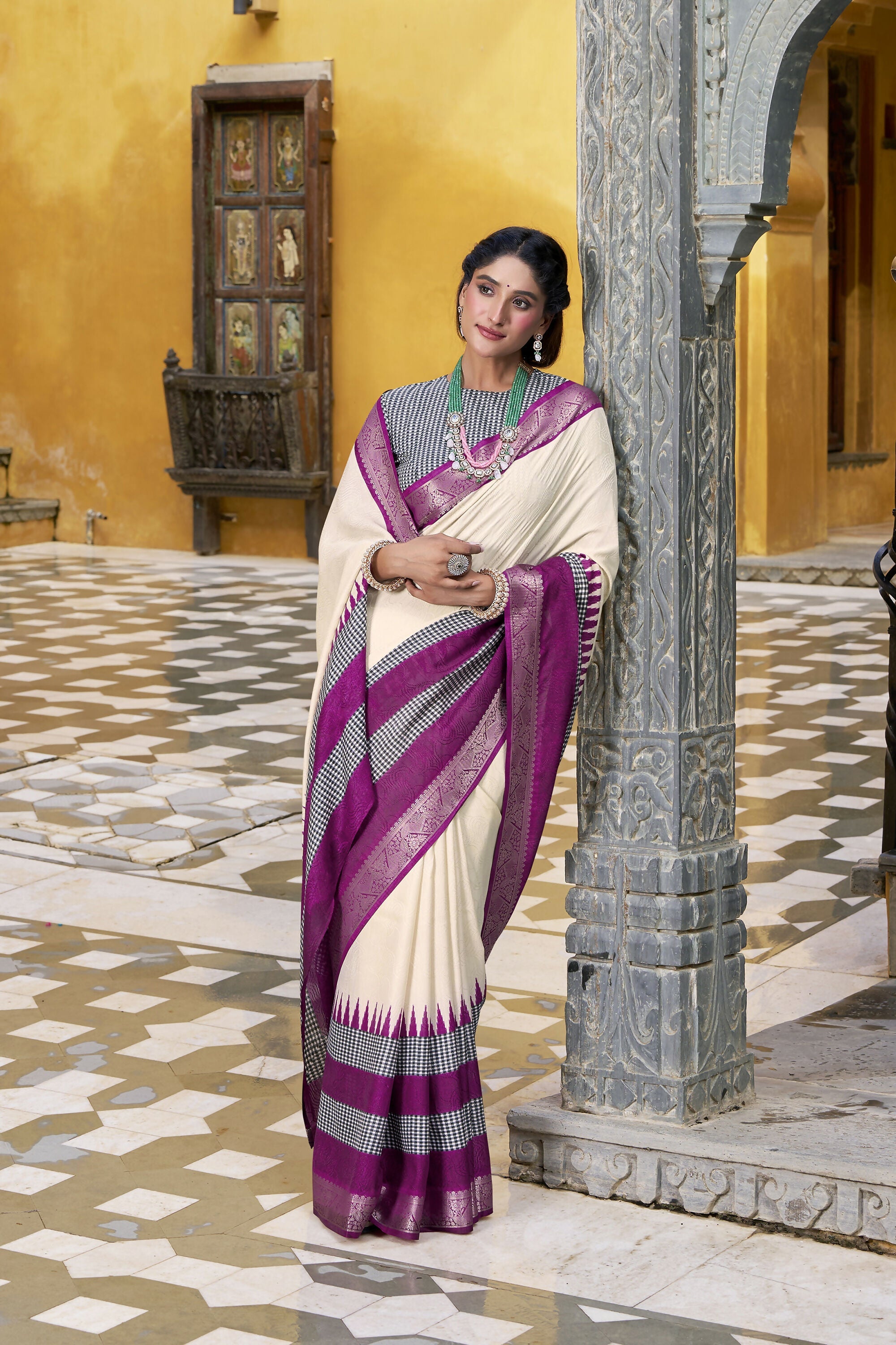 Vastranavya Off White Printed with Zari Weaving Work Poly Cotton Saree & Unstitched Blouse