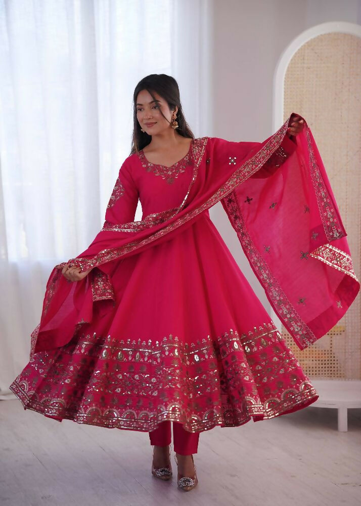 Teeya Creation Pink Roman Silk Embroidery Work Party Wear long Gown