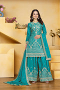 Lehenga Mart Designer Sharara Suit With Kurta, Sharara, Dupatta For Women-Teal