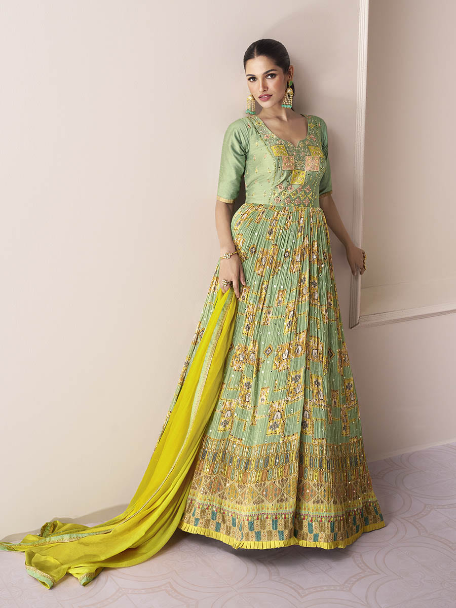Myra Pastel Green Georgette and Chinon Silk Gown Style Party Wear Suit