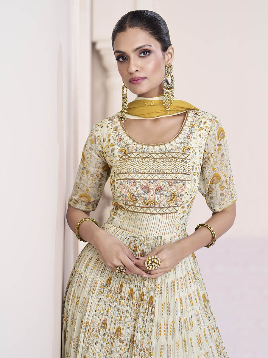 Myra Cream Georgette and Chinon Silk Gown Style Party Wear Suit