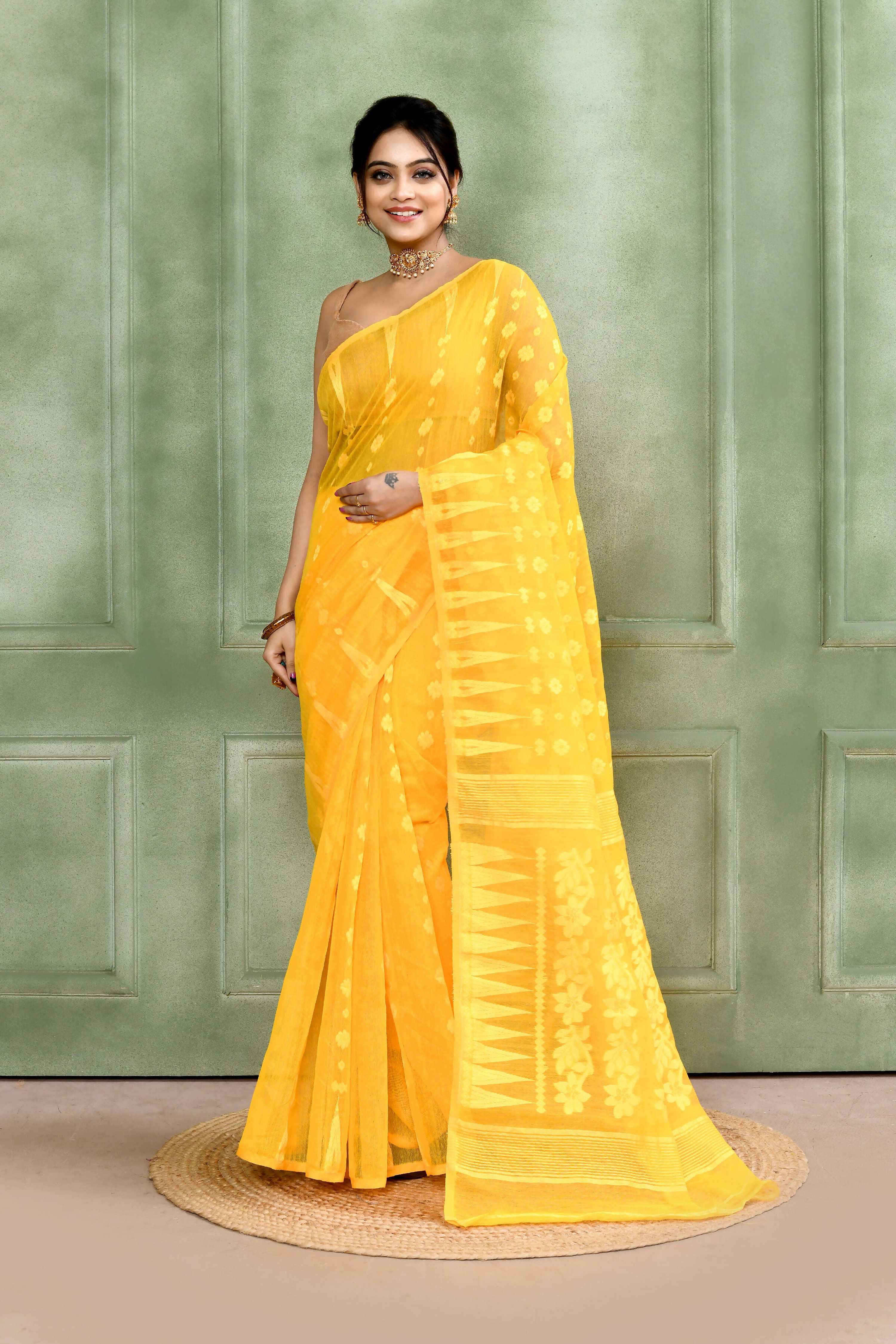 Piyari Fashion Women's Yellow Embellished Cotton Blend Jamdani Saree